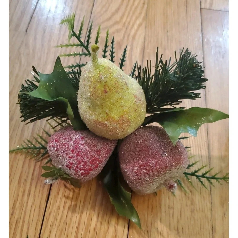 Vtg Set Sugared Fruit Clip-On Christmas Tree Picks Ornaments Pear Strawberry App